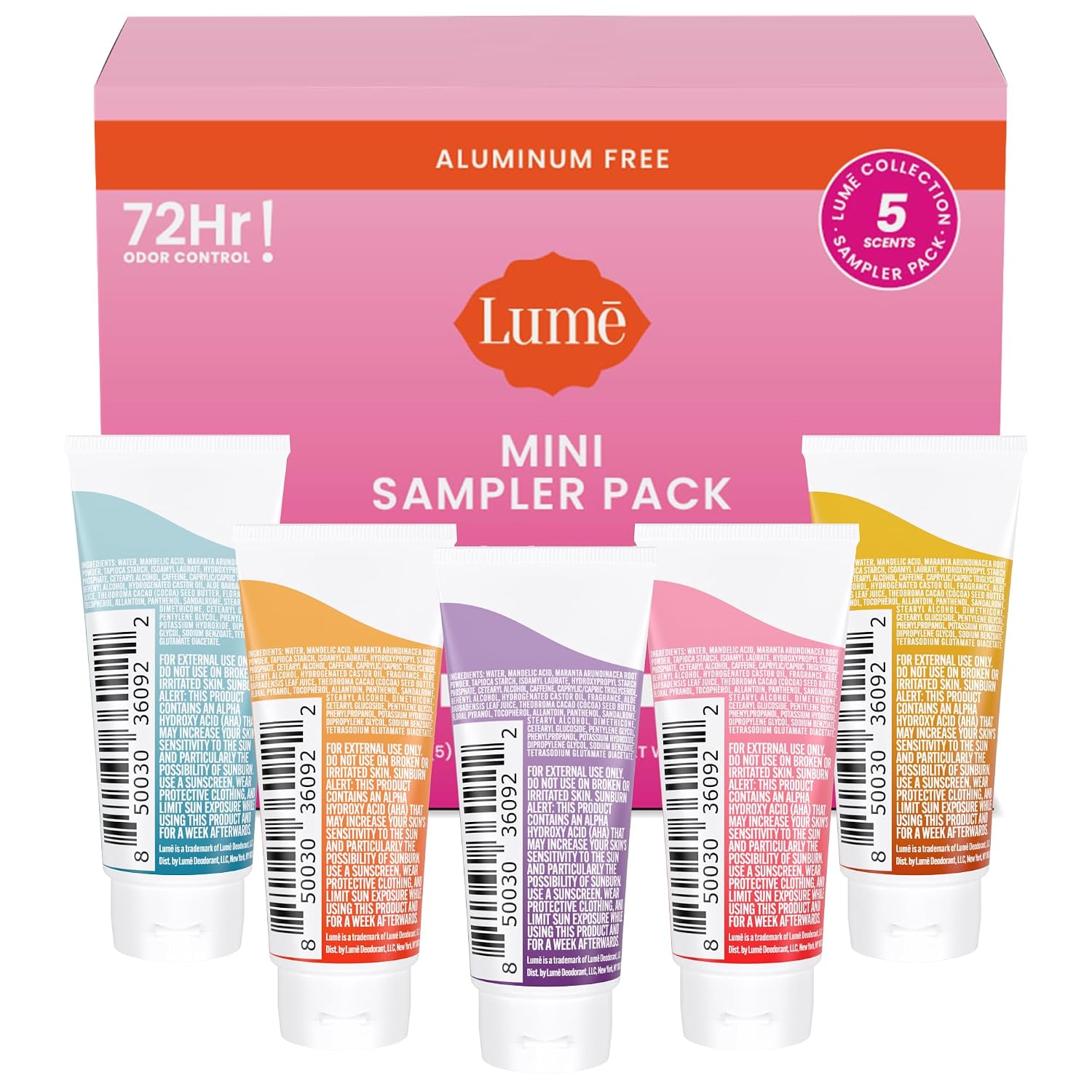 Lume Whole Body Deodorant 5 Pack Sampler - Invisible Cream Minis - 72 Hour Odor Control - Aluminum & Baking Soda Free (Clean Tangerine. Lavender Sage. Peony Rose. Toasted Coconut. Unscented)